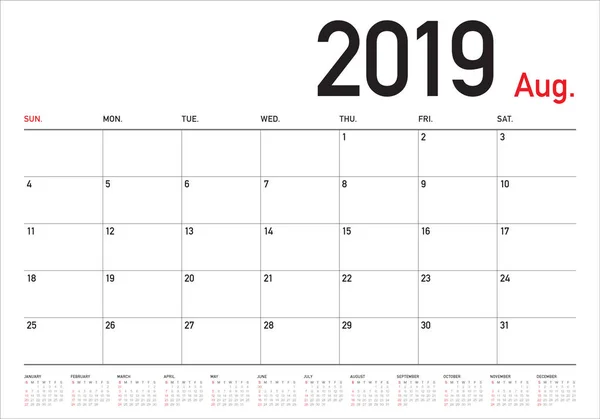 Août 2019 Illustration Vectorielle Calendrier Bureau Design Simple Propre — Image vectorielle