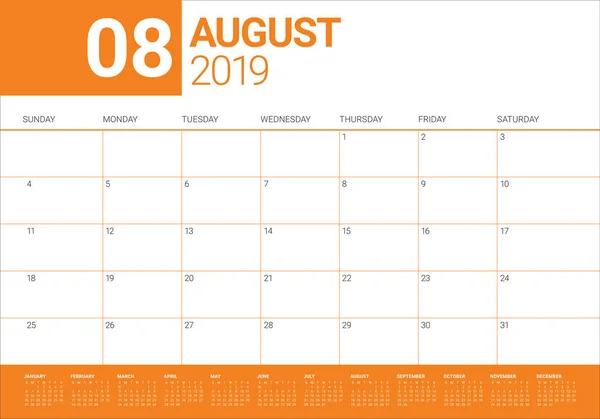 August 2019 Desk Calendar Vector Illustration Simple Clean Design — Stock Vector