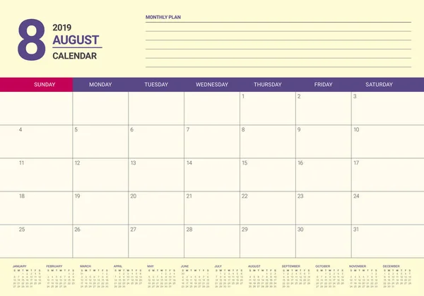 Серпень 2019 Року Настільний Календар Векторні Ілюстрації Простий Чистий Дизайн — стоковий вектор