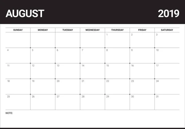 August 2019 Calendar Birou Vector Ilustrație Design Simplu Curat — Vector de stoc