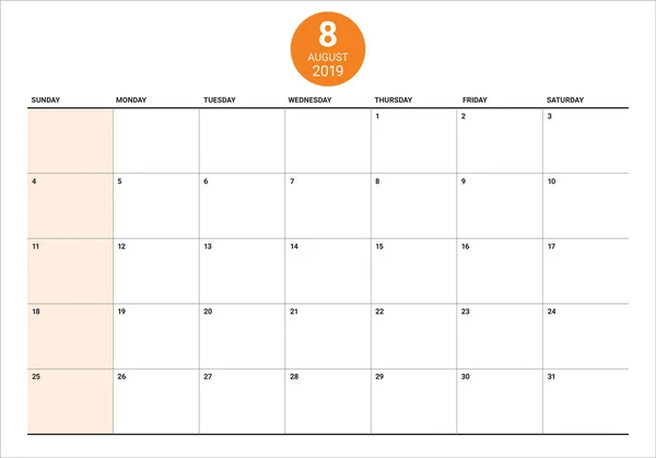 Серпень 2019 Року Настільний Календар Векторні Ілюстрації Простий Чистий Дизайн — стоковий вектор