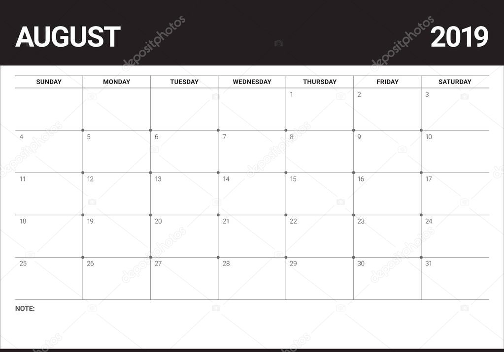August 2019 desk calendar vector illustration, simple and clean design.