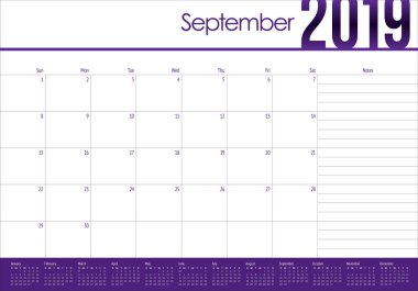 Eylül 2019 Resepsiyon takvim vektör çizim, basit ve temiz tasarım.