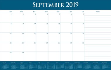 Eylül 2019 Resepsiyon takvim vektör çizim, basit ve temiz tasarım.
