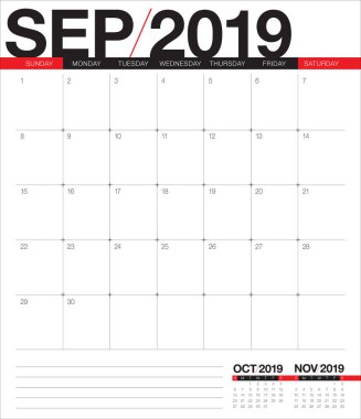 Eylül 2019 Resepsiyon takvim vektör çizim, basit ve temiz tasarım.
