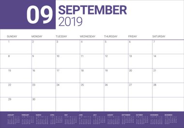 Eylül 2019 Resepsiyon takvim vektör çizim, basit ve temiz tasarım.
