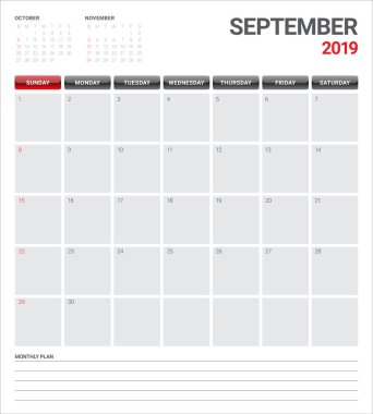 Eylül 2019 Resepsiyon takvim vektör çizim, basit ve temiz tasarım.