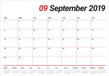 Eylül 2019 Resepsiyon takvim vektör çizim, basit ve temiz tasarım.