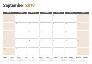 Eylül 2019 Resepsiyon takvim vektör çizim, basit ve temiz tasarım.