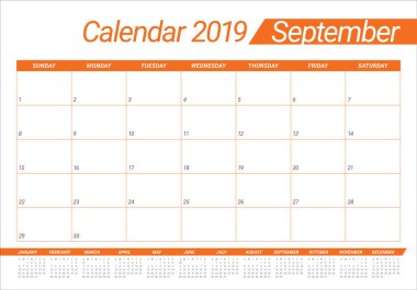 Eylül 2019 Resepsiyon takvim vektör çizim, basit ve temiz tasarım.