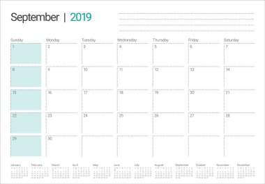 Eylül 2019 Resepsiyon takvim vektör çizim, basit ve temiz tasarım.
