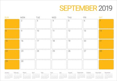 Eylül 2019 Resepsiyon takvim vektör çizim, basit ve temiz tasarım.