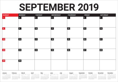 Eylül 2019 Resepsiyon takvim vektör çizim, basit ve temiz tasarım.