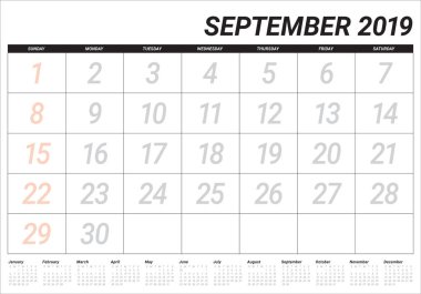 Eylül 2019 Resepsiyon takvim vektör çizim, basit ve temiz tasarım.
