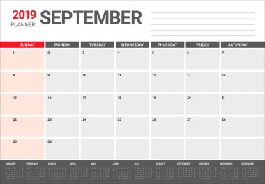 Eylül 2019 Resepsiyon takvim vektör çizim, basit ve temiz tasarım.