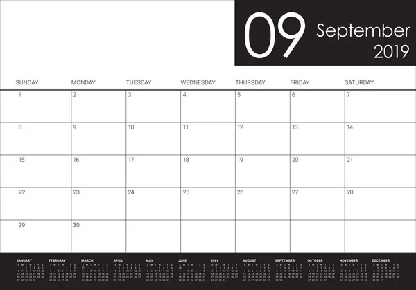 Setembro 2019 Mesa Calendário Vetor Ilustração Design Simples Limpo — Vetor de Stock