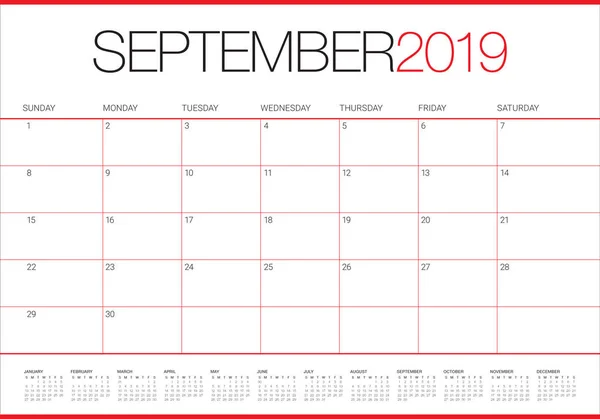Сентябрь 2019 Настольный Календарь Векторная Иллюстрация Простой Чистый Дизайн — стоковый вектор