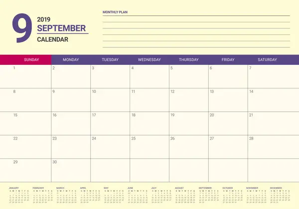 Вересень 2019 Настільний Календар Векторні Ілюстрації Простий Чистий Дизайн — стоковий вектор