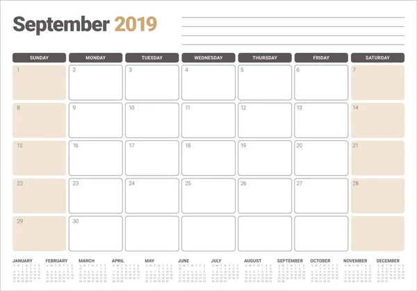 Září 2019 Stolní Kalendář Vektorové Ilustrace Jednoduchý Čistý Design — Stockový vektor