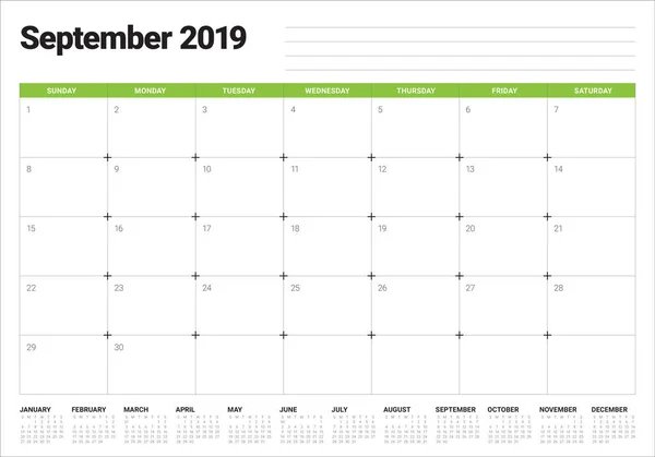 Settembre 2019 Scrivania Calendario Vettoriale Illustrazione Design Semplice Pulito — Vettoriale Stock