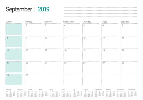 Сентябрь 2019 Настольный Календарь Векторная Иллюстрация Простой Чистый Дизайн — стоковый вектор