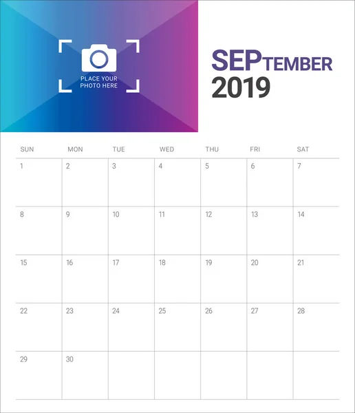 Septiembre 2019 Escritorio Calendario Vector Ilustración Diseño Simple Limpio — Vector de stock