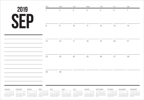 Septiembre 2019 Escritorio Calendario Vector Ilustración Diseño Simple Limpio — Vector de stock