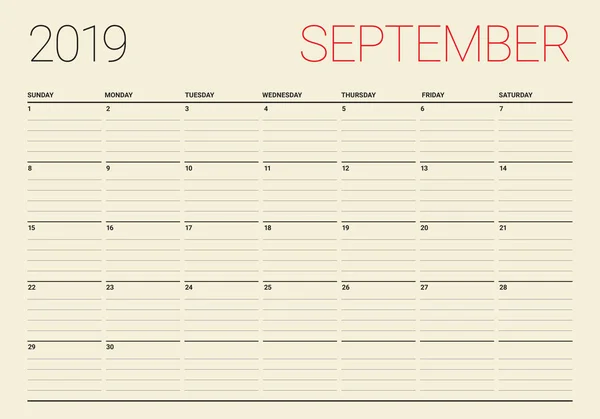 Setembro 2019 Mesa Calendário Vetor Ilustração Design Simples Limpo — Vetor de Stock