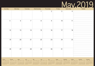 Mayıs 2019 Resepsiyon takvim vektör çizim, basit ve temiz tasarım.