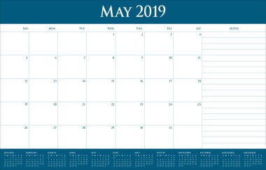 Mayıs 2019 Resepsiyon takvim vektör çizim, basit ve temiz tasarım.