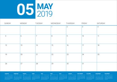 Mayıs 2019 Resepsiyon takvim vektör çizim, basit ve temiz tasarım.