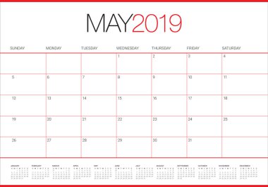 Mayıs 2019 Resepsiyon takvim vektör çizim, basit ve temiz tasarım.