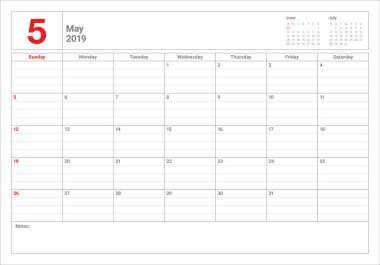 Mayıs 2019 Resepsiyon takvim vektör çizim, basit ve temiz tasarım.