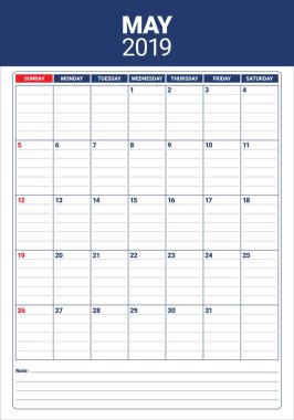 Mayıs 2019 Resepsiyon takvim vektör çizim, basit ve temiz tasarım.