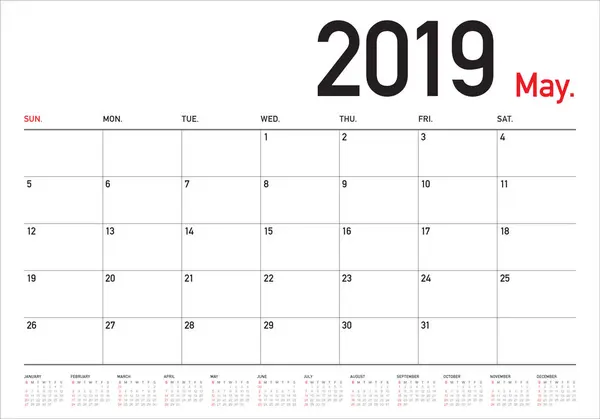 Mai 2019 Illustration Vectorielle Calendrier Bureau Design Simple Propre — Image vectorielle