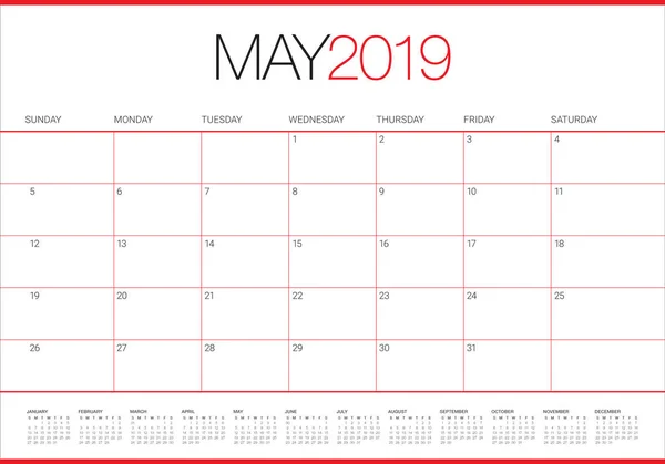 Mayo 2019 Escritorio Calendario Vector Ilustración Diseño Simple Limpio — Archivo Imágenes Vectoriales