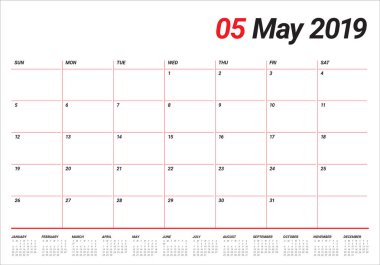 Mayıs 2019 Resepsiyon takvim vektör çizim, basit ve temiz tasarım.