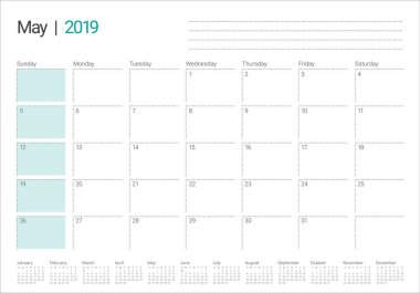 Mayıs 2019 Resepsiyon takvim vektör çizim, basit ve temiz tasarım.