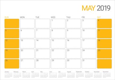 Mayıs 2019 Resepsiyon takvim vektör çizim, basit ve temiz tasarım.