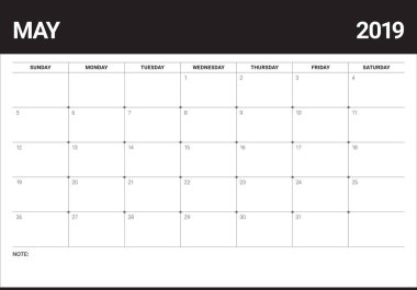 Mayıs 2019 Resepsiyon takvim vektör çizim, basit ve temiz tasarım.