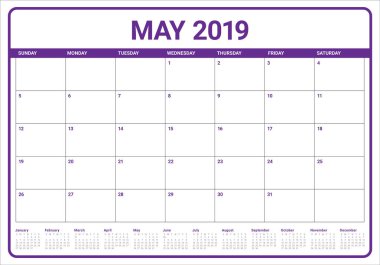 Mayıs 2019 Resepsiyon takvim vektör çizim, basit ve temiz tasarım.