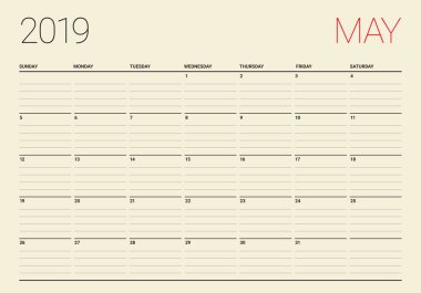 Mayıs 2019 Resepsiyon takvim vektör çizim, basit ve temiz tasarım.