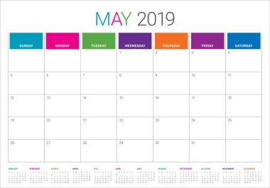 Mayıs 2019 Resepsiyon takvim vektör çizim, basit ve temiz tasarım.