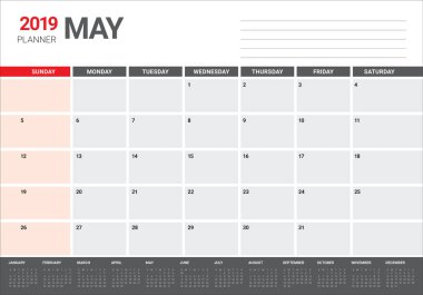 Mayıs 2019 Resepsiyon takvim vektör çizim, basit ve temiz tasarım.