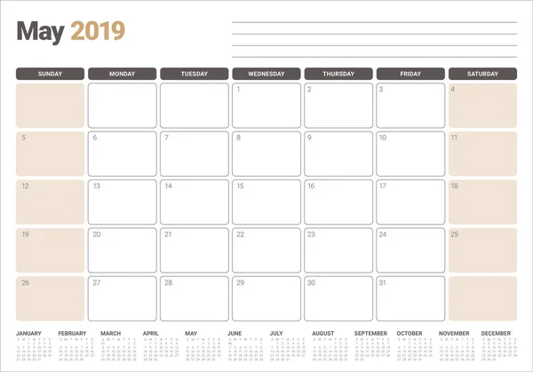Mayo 2019 Escritorio Calendario Vector Ilustración Diseño Simple Limpio — Archivo Imágenes Vectoriales