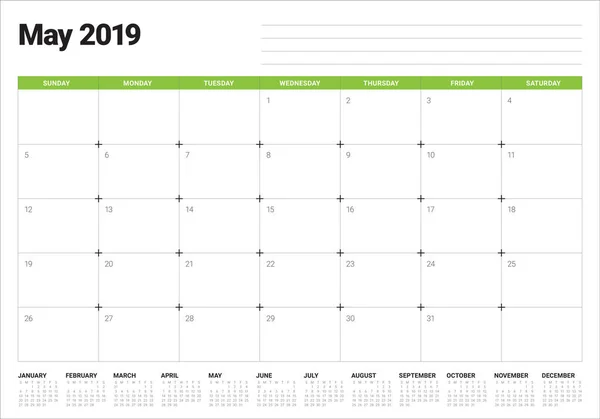 Maggio 2019 Scrivania Calendario Vettoriale Illustrazione Design Semplice Pulito — Vettoriale Stock