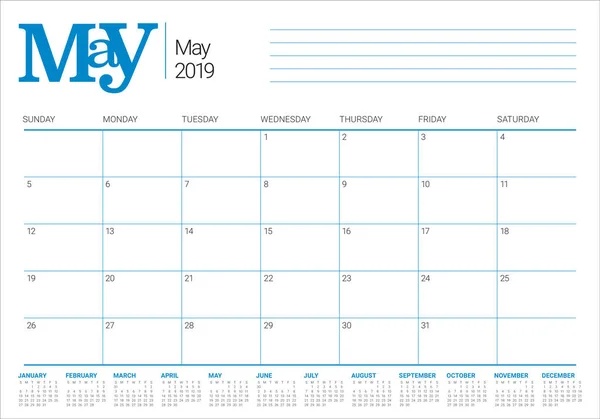 Mayo 2019 Escritorio Calendario Vector Ilustración Diseño Simple Limpio — Archivo Imágenes Vectoriales