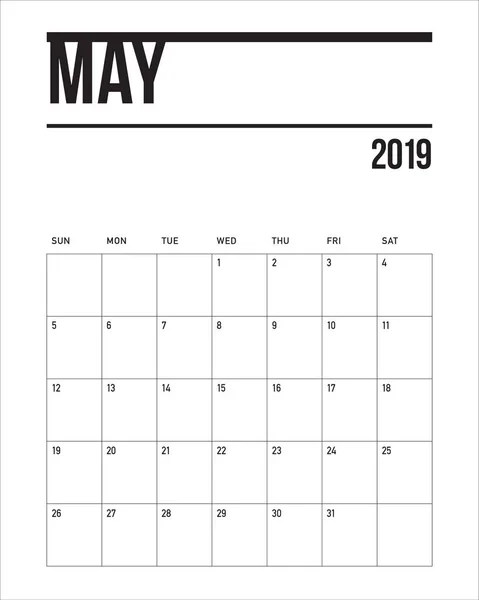 Mayo 2019 Escritorio Calendario Vector Ilustración Diseño Simple Limpio — Archivo Imágenes Vectoriales