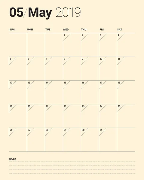 Май 2019 Года Настольный Календарь Векторная Иллюстрация Простой Чистый Дизайн — стоковый вектор