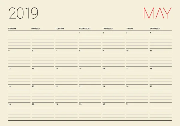 Mai 2019 Tischkalender Vektor Illustration Einfaches Und Sauberes Design — Stockvektor